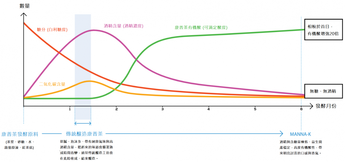 圖片中顯示康普茶的成分隨時間變化，其中酒精以及糖分隨時間減少，最後只剩下酸性物質