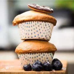 Two stacked muffins decorated with blueberries