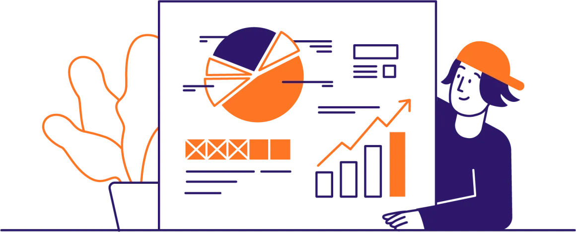 Minimalist illustration of a person showing pie charts and rising graphs