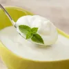 Spoon scooping up yoghurt decocated with mint leaves