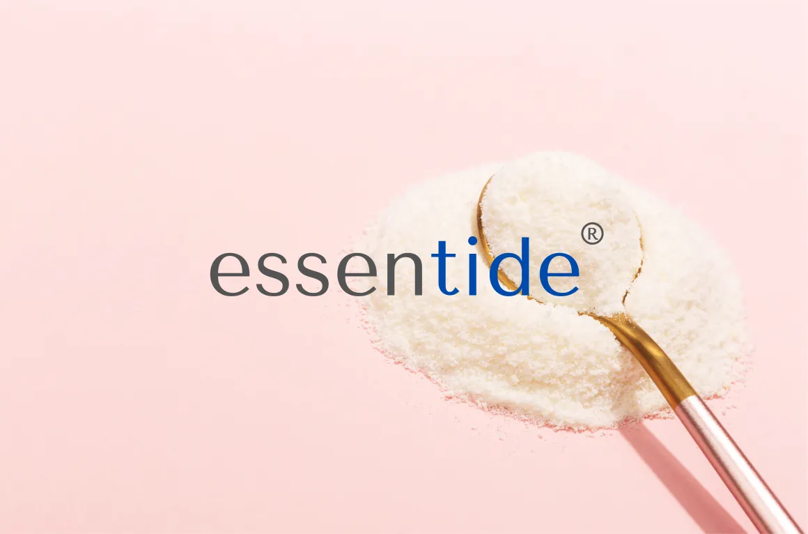 Essentide logo in front of golden spoon scooping fine powder 