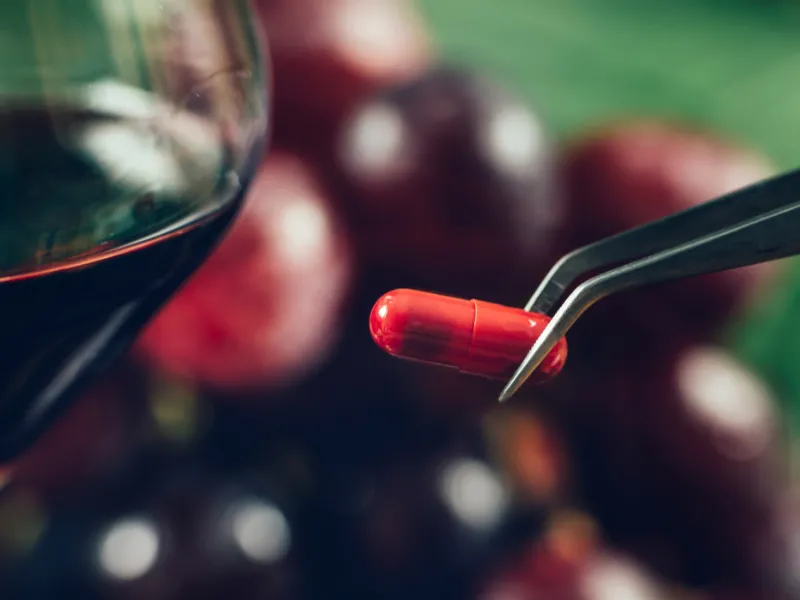 A capsule of Resveratrol next to a glass of red wine
