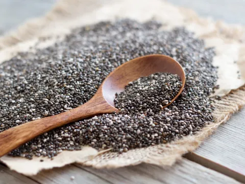 A wooden spoon with chia seeds