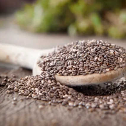Close of of a wooden spoon filled with chia seeds