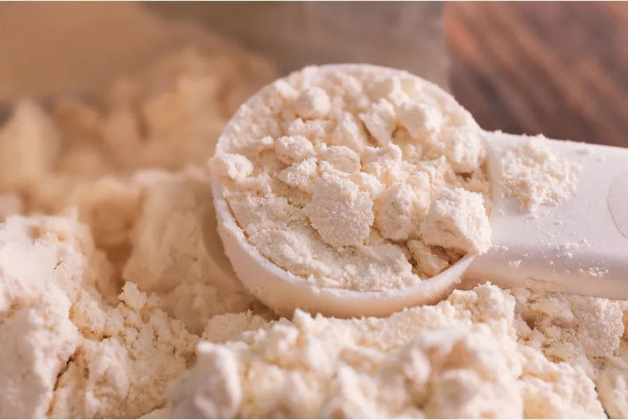 Closeup of a spoon with protein powder