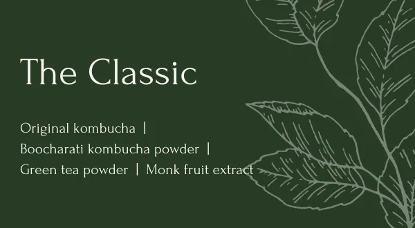 Infographic showing the recipe of classic kombucha made with green tea and monk fruit extract
