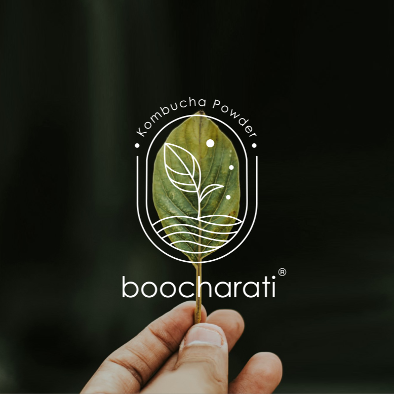 Logo: boocharati in front of hand holding a tea leaf